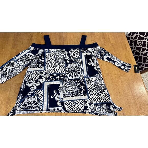 JM Collection Womens Printed Cold Shoulder Top Intrepid Blue Size 2XL NWT P1-231 - Picture 8 of 9